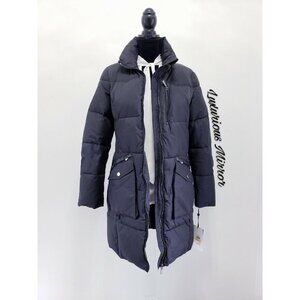 DKNY Puffer Parka Peacoat Jacket Black Midi Slim Full Zip Pockets Women's Sz S
